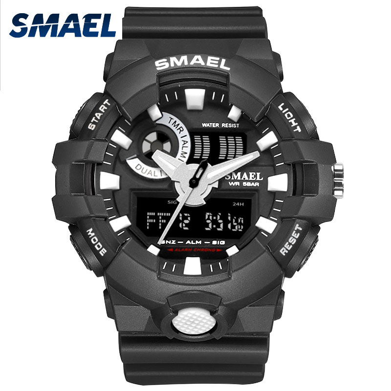 Smael Leger Outdoor Sport Horloge Horloges Casual Dual Time Led Klok Quartz 50 Meter Waterdicht Zwart