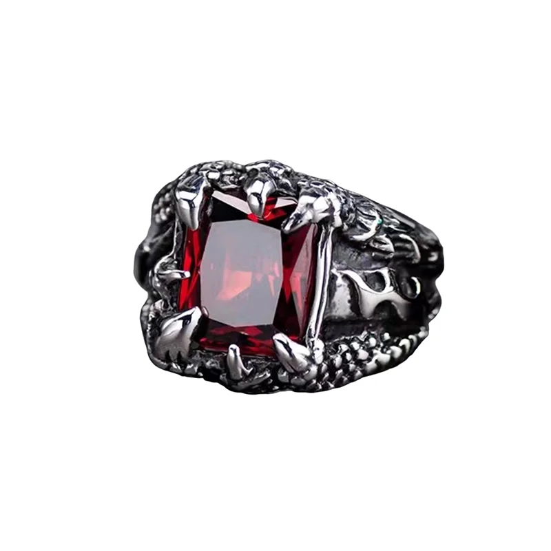 Gothic Blue and Red Crystal Zircon Evil Demon Dragon Claw Ring for Men Gram Biker Punk Rock Hip Hop Opening Rings Cool Jewelry: Red