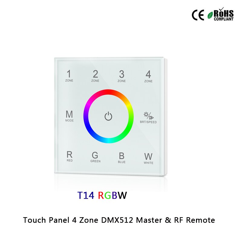 T11/T12/T13/T14 Panel táctil de 4 zonas RGB DMX512 Master y mando a distancia RF para un solo color/temperatura de color/RGB/tira led RGBW: T14