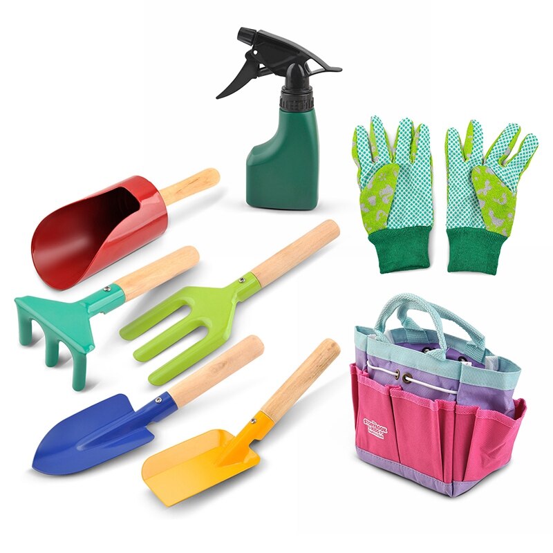 Conjunto de jardinería para niños y niñas, guantes de jardinería para niños, bolsa de herramientas, paleta de riego, rastrillo y pala, Kit de jardinería