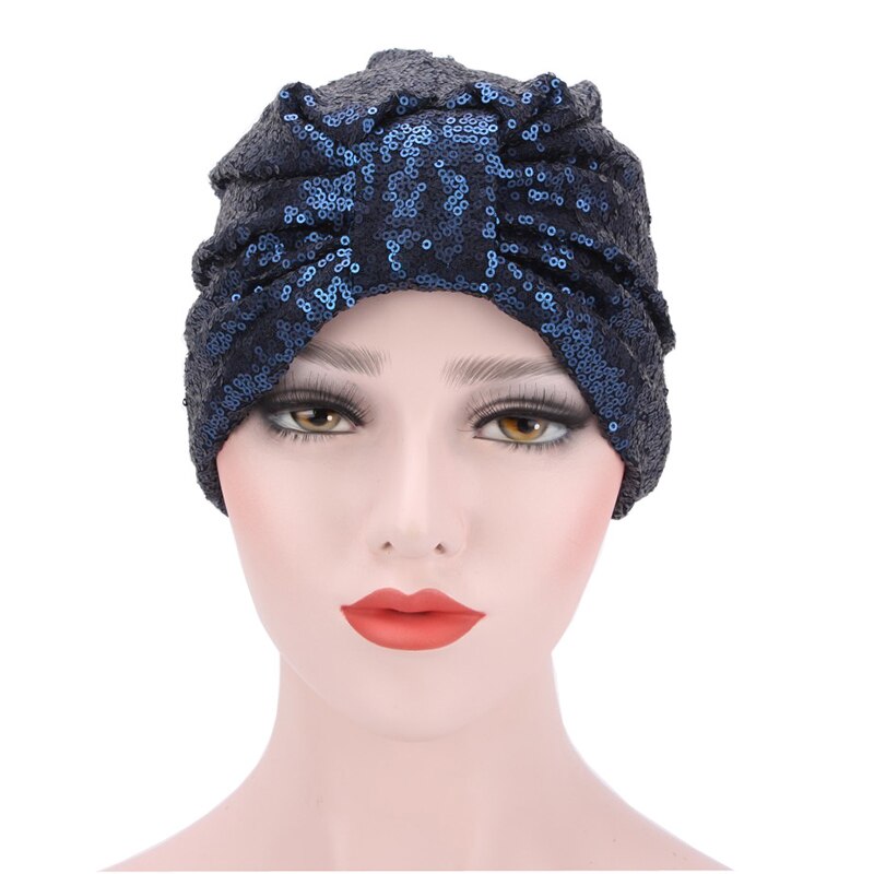 Couvre-tête à motif de paillettes pour femmes, Turban, Bonnet, chapeau, écharpe musulmane, casquette, nœud rond réutilisable, Harajuke: Marine Bleu