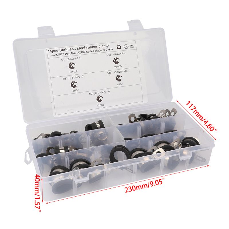 Cable Clamp Assortment Kit 44 Pieces 304 Stainless Steel Rubber Cushion Insulate