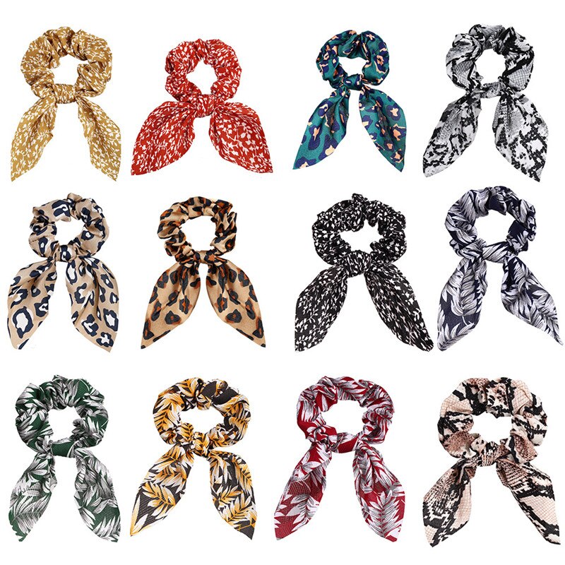 Leopard Bow Scrunchies For Woman Girls Printed Floral Hair Ties Rabbit Elastic Hair Bands Ponytail Holder Hair Accessories