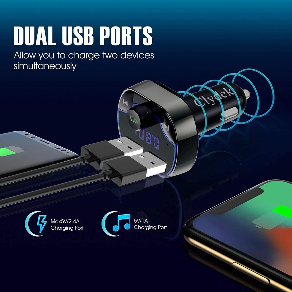Bluetooth V5.0 3 Modes de lecture de musique, appel mains libres, 2 double Ports USB, transmetteur FM MP3, chargeur USB écran LED