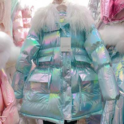 Winterjas dames glanzende katoenen jas imitatiewol kraag kleurrijke brood warme jas vrouwelijke koreaanse losse jassen parka jas: Hemelsblauw / Xl