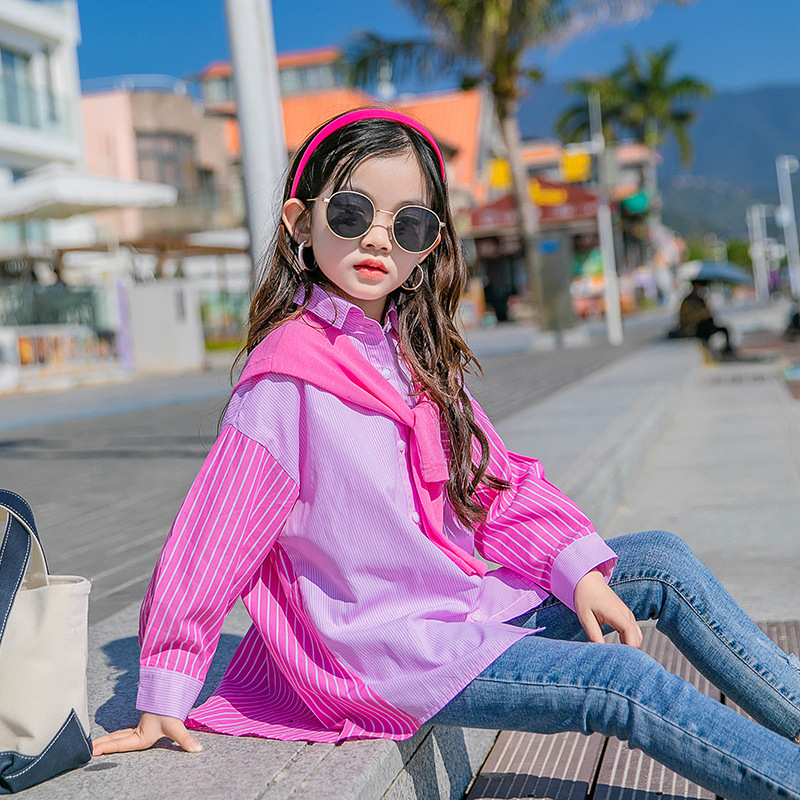 Camicie a righe rosa coreane per ragazze adolescenti bambini colletto rovesciato in cotone Patchwork a righe top camicette a maniche lunghe per bambini
