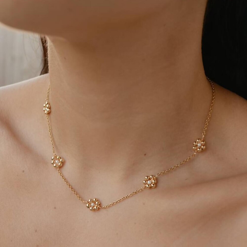 Handmade pearl daisy necklace for women, simulated pearl choker pendant necklaces, collar chain, vintage jewelry, bijoux