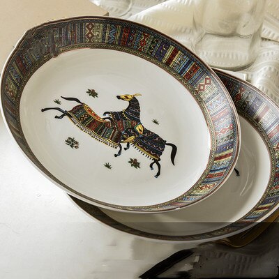 Ceramic Flatware Tableware Set Rice Pasta Bowl Plate Fish Dish Soup Pot Spoon Bone China War Horse Kitchen Utensil Wedding: One 8 Inches Plate A