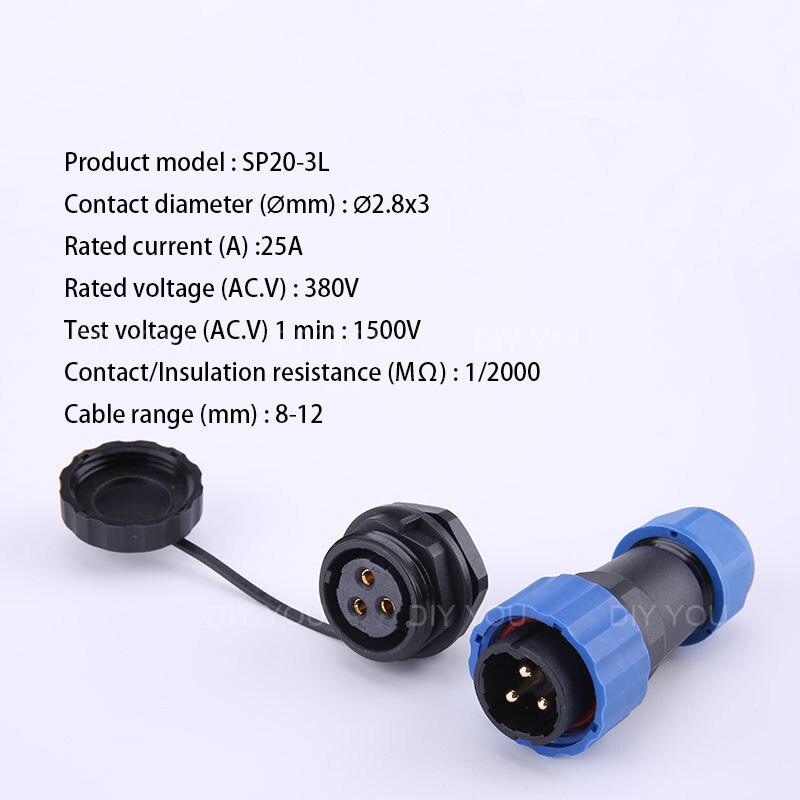 Waterdichte connector met sp20 ip68 moertjes aan de achterkant, 1/2/3/4/5/6/7/9/10/12/14- pins luchtvaartconnectoren, stekker en stopcontact: Sp20-3l