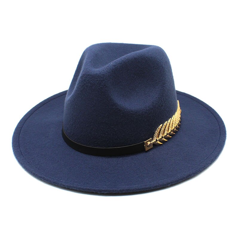 Chapeau en laine à large bord pour femme, chapeau avec chaîne de feuilles en métal, style Jazz, britannique, rétro, Fedora, à la , église, Panama, automne et hiver: Navy / M 56-58CM