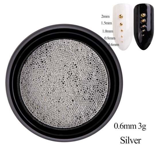 1 boîte de perles en acier Mini Caviar décoration d'ongle 0.6/0.8/1/1. 5/2mm point rond gris Rose or argent poussière Nail Art bricolage vernis à ongles CH031-1: Silver 0.6mm