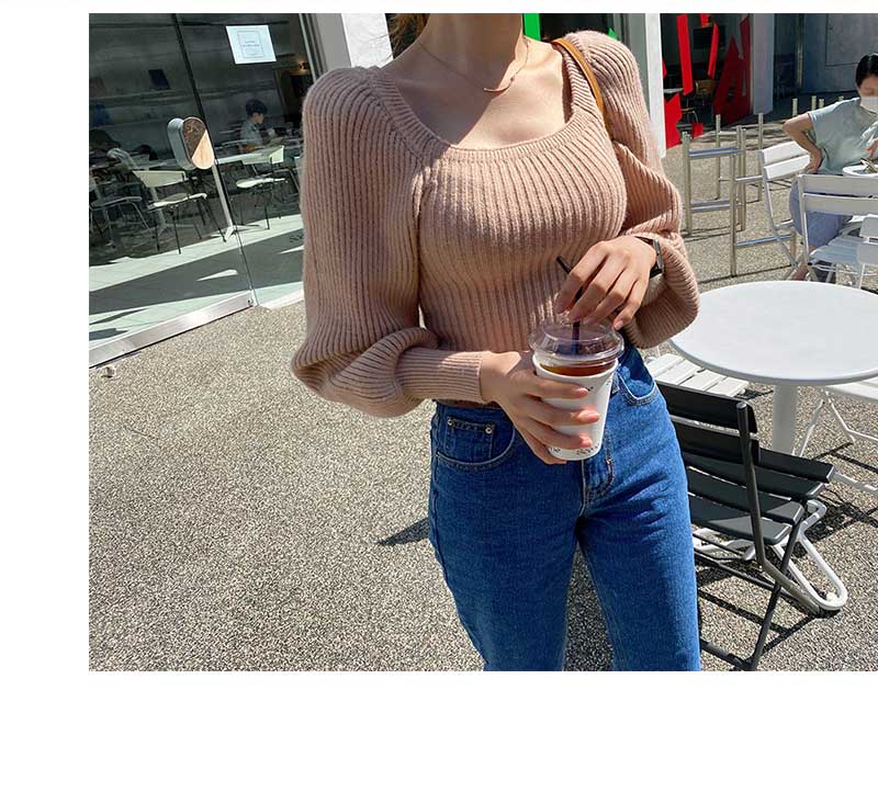 Koreansk puffärm stickad tröja pullover dam fyrkantig krage slimmade solida toppar höst vinter kvinnliga damtröjor