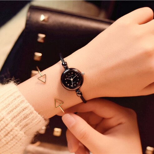 Diamant luksus ståltråd armbånd armbånd ure kvinder mærke små vintage damer armbåndsure kvindelige ur: Sort