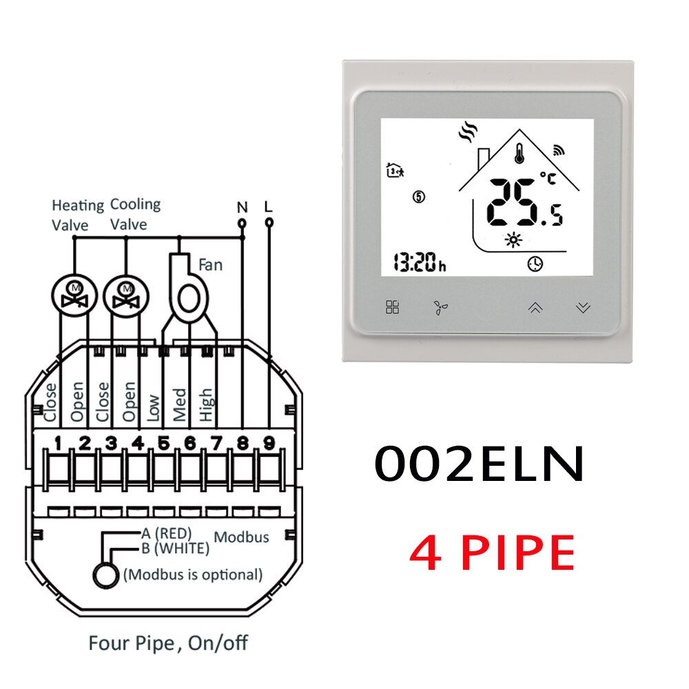 2P/4P Modbus RS485 Rtu-Fan Coil Airconditioner Thermostaat, 95-240VAC 24VAC: 002ELN-White 4P / 24VAC