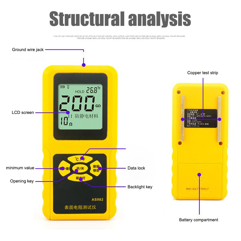 Handheld Surface Resistance Meter LCD Display Ground Resistance Test Tool AS982 JA55