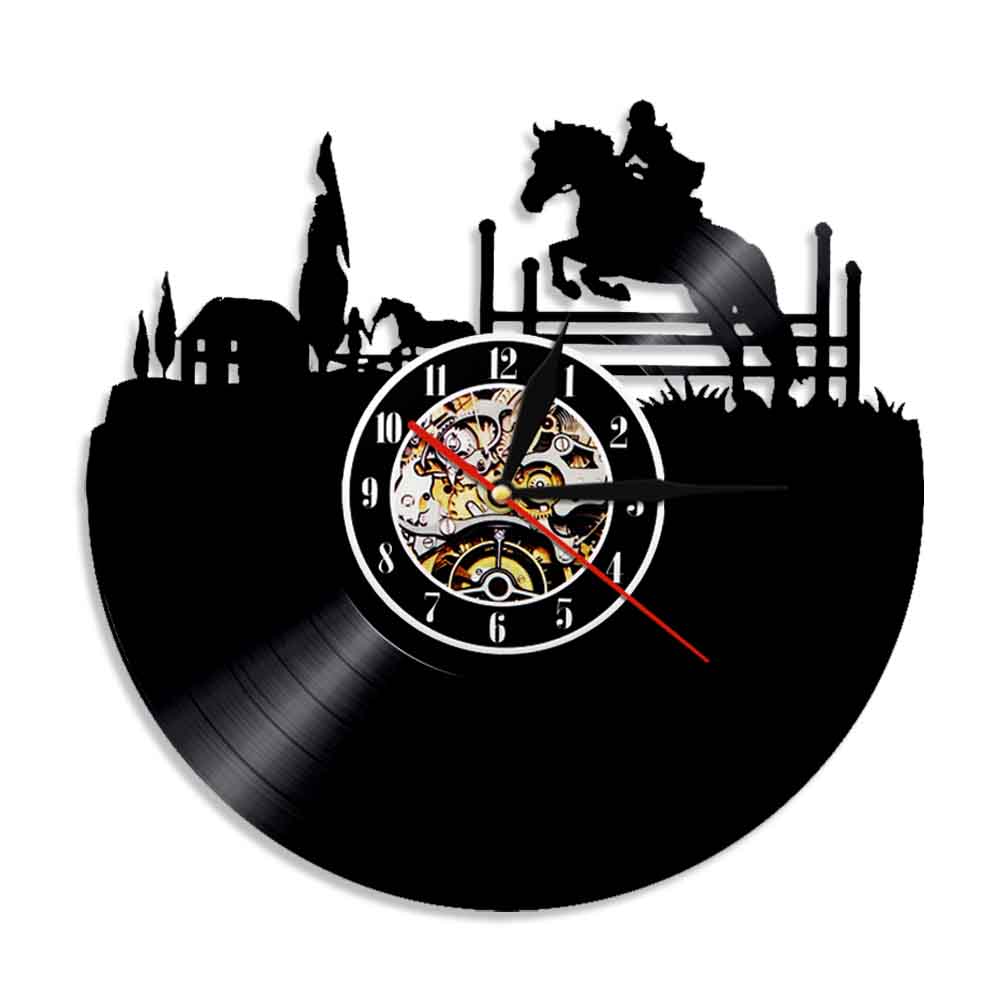 Decoración ecuestre de pared para montar a caballo, lámpara de pared de disco de vinilo Vintage, reloj LED luminoso de salto de caballo, reloj colgante de pared silencioso