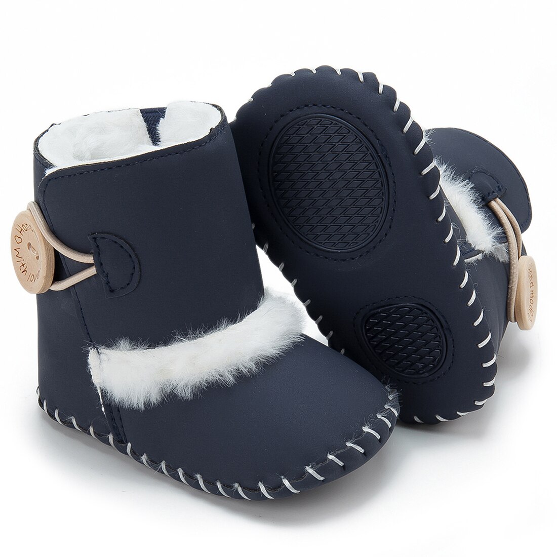 Baby Winter Knoppen Snowboots Warme Schoenen Anti-Slip Pluche Jongen Meisjes Enkellaarsjes Pasgeboren Baby Wieg Laarzen Zapatos bebe: dark blue / 13-18month (13CM)