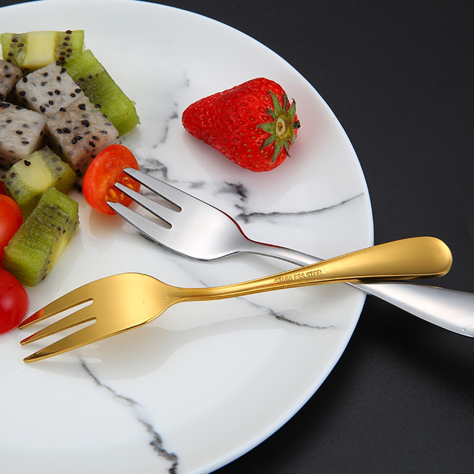 8Pc Fruit Vork Roestvrij Staal Ijs Cake Vorken Zwarte Goud Kleurrijke Thee Vork Servies Set Party Restaurant Benodigdheden