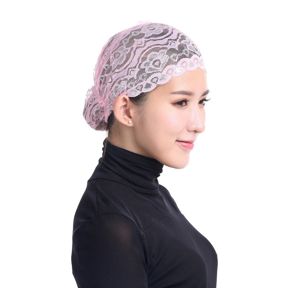 Vrouwen Moslim Stretch Kant Tulband Hoed Chemo Cap Haaruitval Hoofd Sjaal Wrap Cap: Pink 