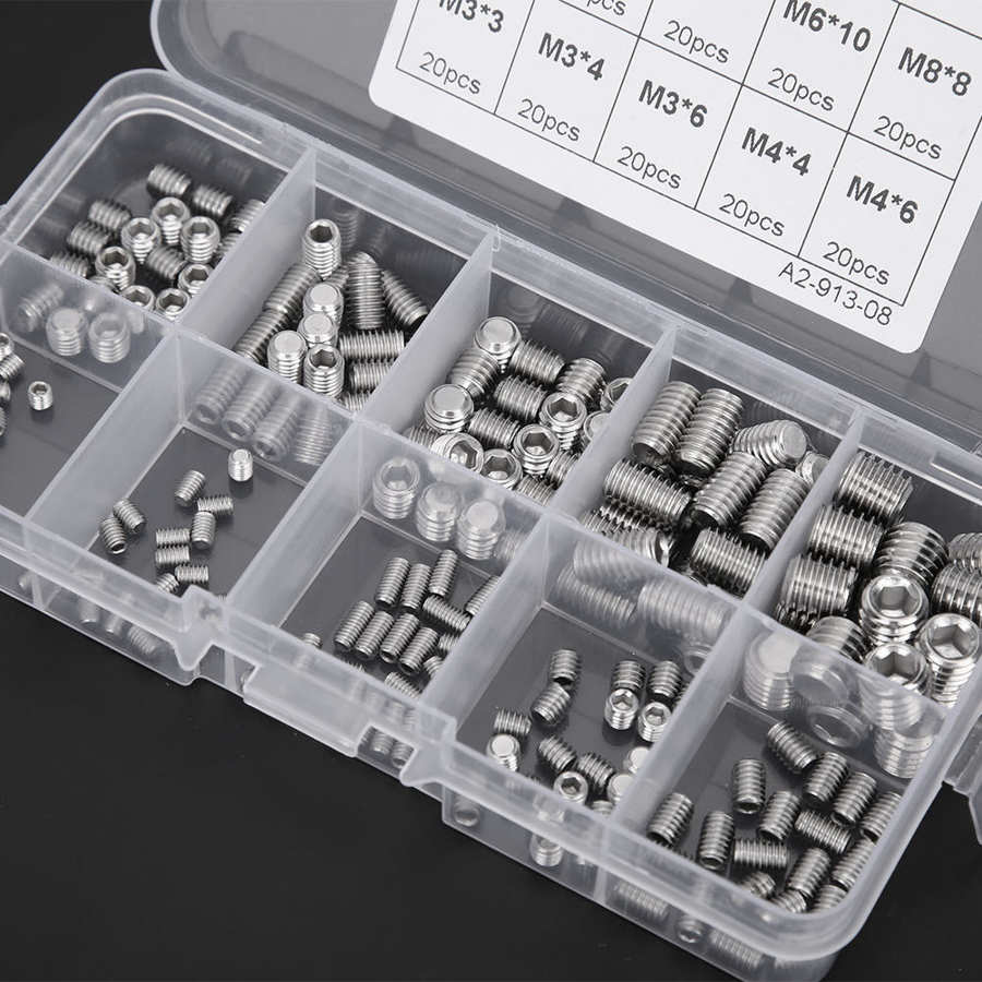 200pcs Stainless Steel Flat Point Hex Socket Grub Screw for Precise Instrument M3/M4/M5/M6/M8 Tool