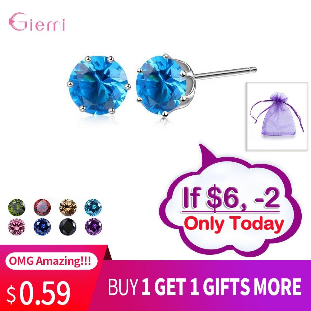 Cubic Zirconia CZ Stone 6MM Jewelry Stud Earrings 925 Sterling Silver Earrings Women 20 Colors: Color16