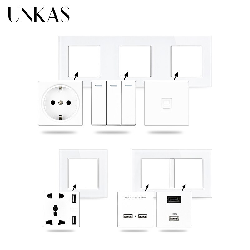 UNKAS Free Combination DIY Gray Single Tempered Crystal Glass Panel Grey Matching Modules For Wall Socket Switch