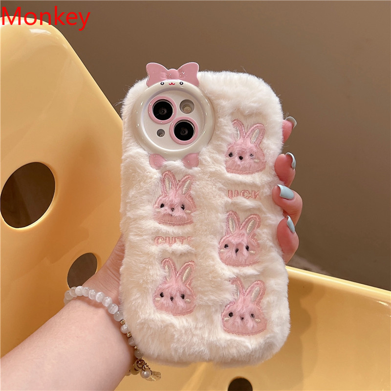 Fluffy plysj 3d søt kanin rosa telefondeksel til iphone 15 pro max deksler 14 12 11 pro max beskyttende mykt deksel til iphone 13 deksel: Lær / Hvit