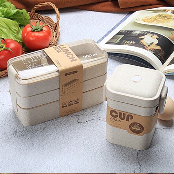 201-300ml/900ml Healthy Material Lunch Box 3 Layer Wheat Straw Bento Boxes Microwave Dinnerware Food Storage Container Lunchbox: Beige Set