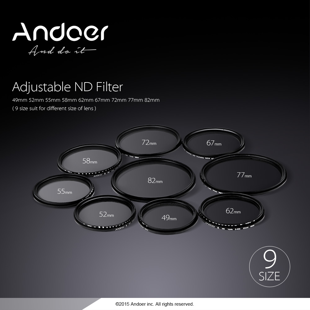 Andoer 49/52/55/58/62/67/72/77/82/mm ND Fader densité neutre réglable filtre Variable ND2 à ND400 pour Nikon Canon reflex numérique Camer