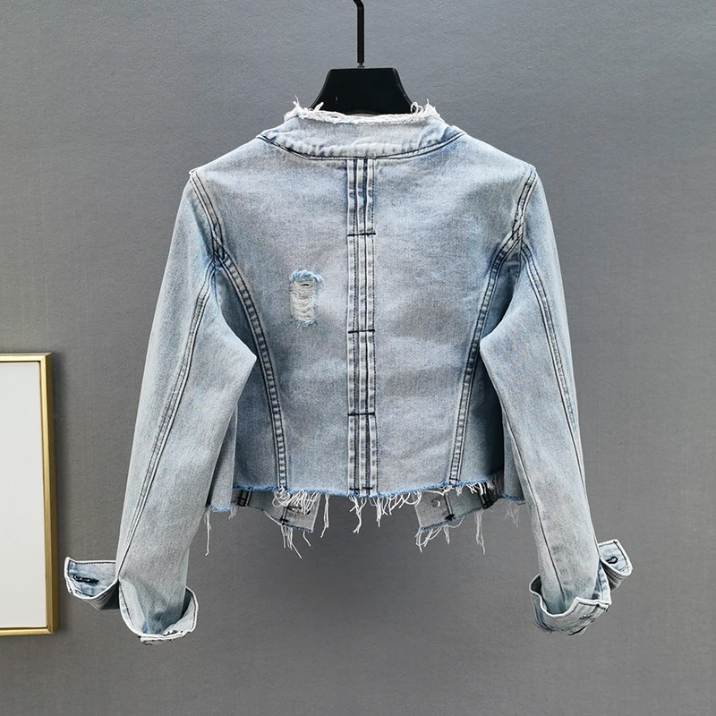 Ljusblå vintage-jeansjackor med o-ringning, hål, cowboy-ytterkläder, smal, kort fåll, fransig, stora fickor, jeansjacka, kappa, dam