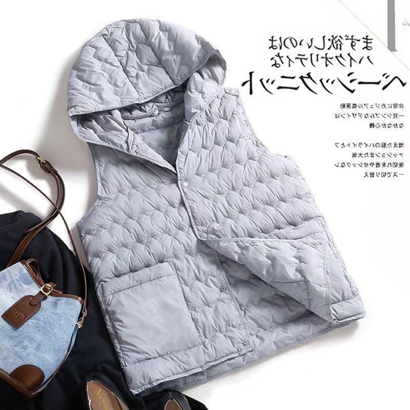 Lightweight Down Vest Jacket Women Hooded Loose Casual Warm Sleeveless Versatile Waistcoat Female Outerwear: XXL / black