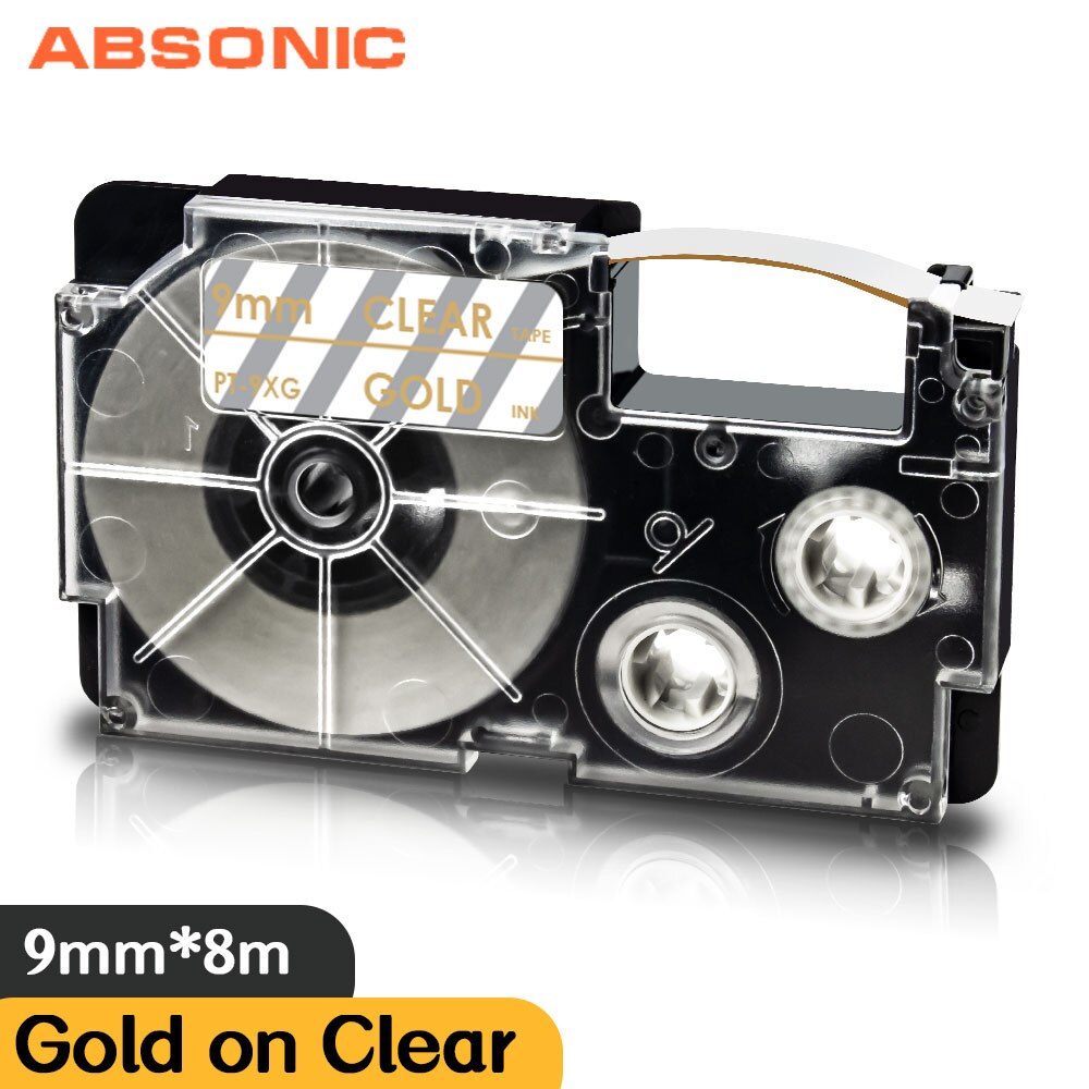 Absonic XR-9AGN biały na zielonym 9mm etykietowania taśma do obsługi Casio KL-60 KL-120 KL-130 KL750 KL780 KL820 KL-750KR KL-750B KL-750BA druku: Gold on Clear