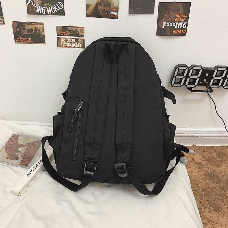 Mochila negra de estilo Preppy para hombre y mujer, morral de nailon impermeable con múltiples bolsillos, bolso de hombro para adolescentes