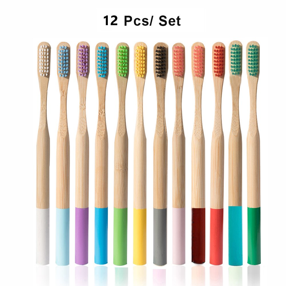 Miljövänligt trä regnbågtandborste bambu 12/13 st tandborste bambufiber träskaft tandborste blekning färgglad: 12 st blandat