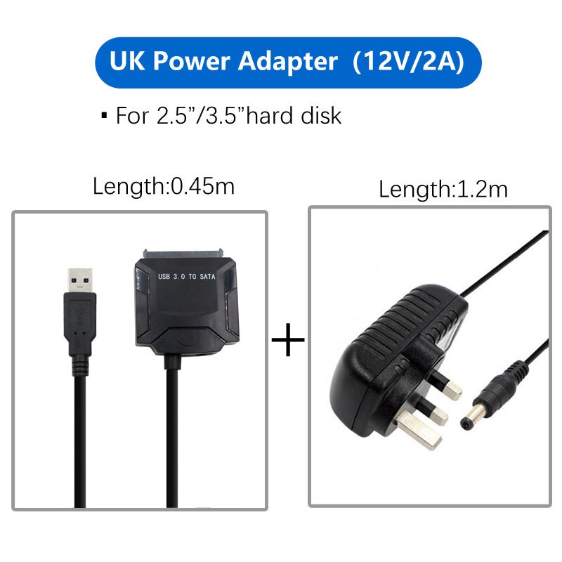 Sata adapter kabel usb 3.0 to sata converter 2.5 3.5 tommer super speed harddisk til hdd ssd usb 3.0 to sata kabel: E02 uk strøm