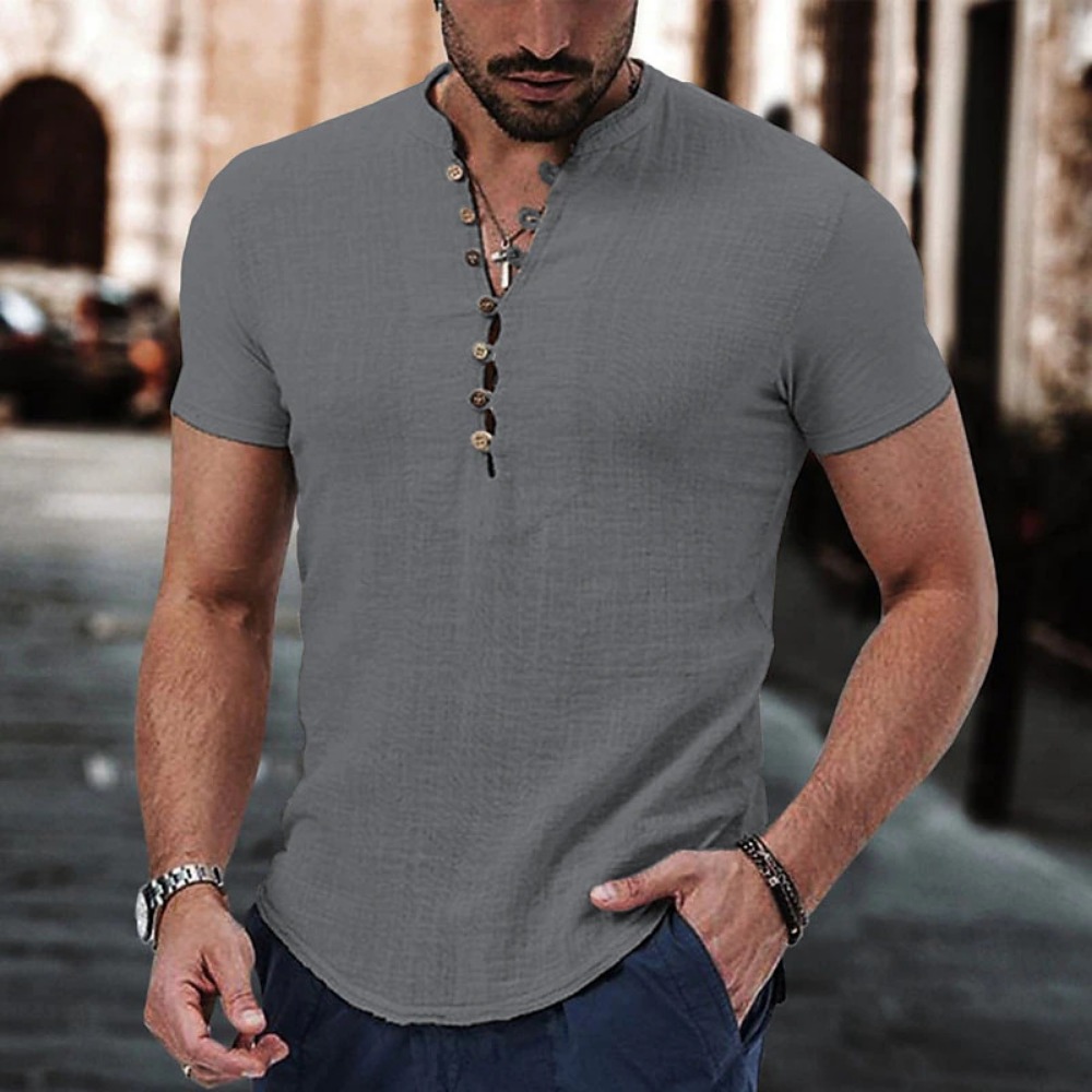 Camiseta de manga corta para hombre, camisa de lino y algodón con botones y cuello en V, ropa informal, Tops populares para hombre 2023