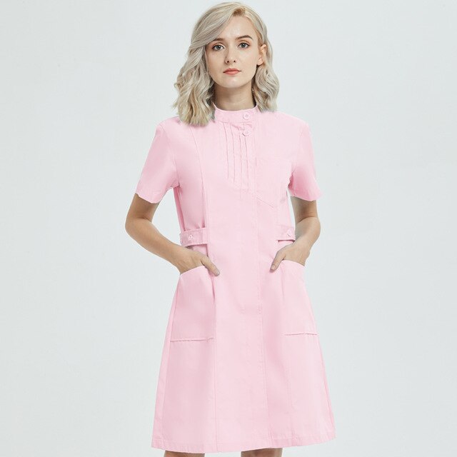 Enfermera verano ropa de trabajo de manga corta cuello redondo invierno de manga larga Hospital Médico farmacia belleza salón uniformes bata de laboratorio: Pink / L
