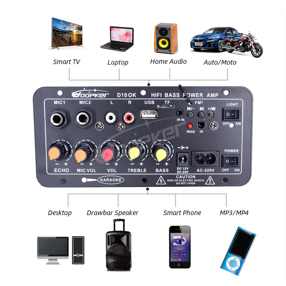 Woopker-placa amplificadora de Audio, 30-120W, compatible con micrófono Dual, Bluetooth, amplificador Subwoof para altavoz de 4Ohm, 12V, 24V, 110V, 220V