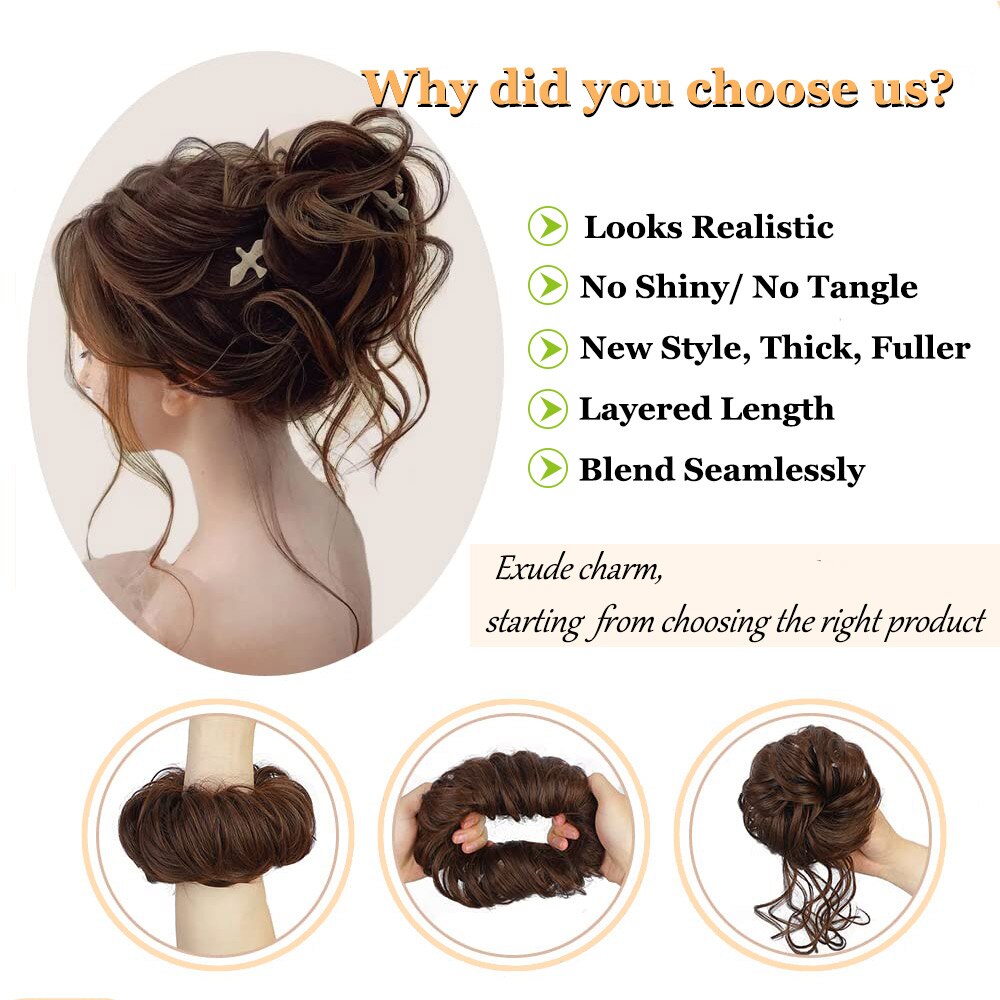 LiHui moño sintético, banda con rizos desordenados, pinza elástica para el pelo, pieza de peluca, pinza para el pelo para mujer, negro y marrón
