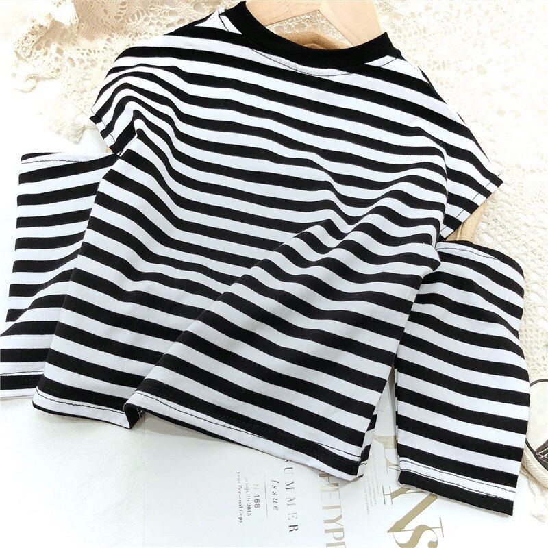 Fall Shirts for Girls Stripes Off The Shoulder Long Sleeve Tops Korean Toddler Kids Clothes Little Girl Costume