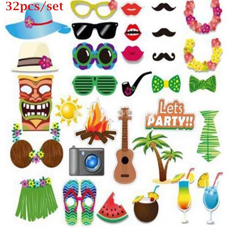 Hawaii Photo Booth Props Hoed Zonnebril Guirlande Papier Foto Props Zomer Tropische Feestjurk Decoratie: 32pcs