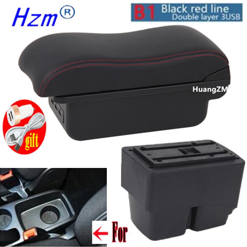 For Ford Fiesta Armrest box For Ford Fiesta MK7 central Store Centre Console box with USB LED light: B1 style red line