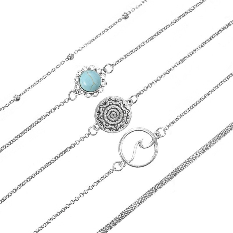 Nykøb 5 stk/sæt vintage sølvfarvede boheme armbånd wave geometrisk charme armbånd til kvinder fest smykker