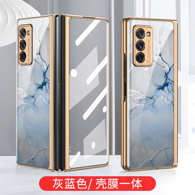 Tempered Glass Case for Samsung Galaxy Z Fold 2 5G Cover All-inclusive Luxury HD Front Glass Shell for Samsung Z Fold 2 Case: Gray-blue