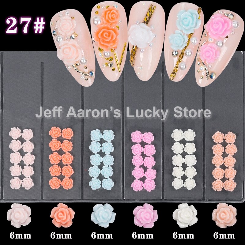 Blandet stil negler harpiks rose blomster cabochons cameo baseinnstilling 6mm 3d turkise rose blomster neglekunst dekorasjon tilbehør: Gzh 27