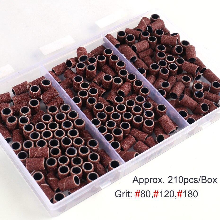 210pcs/Box Sanding Cap Bands For Electric Manicure Machine 180/120/80 Grit Nail Drill Grinding Bit Files Pedicure Tool Set