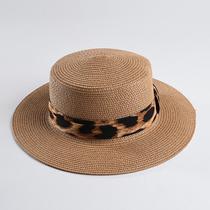 Unisex Papier Stro Hoed Brede Rand Schipper Hoeden Luipaard Lint Zonnehoed Voor Vrouwen Man Zomer Strand Hoed Kentucky Derby cap Panama Hoed: Camel