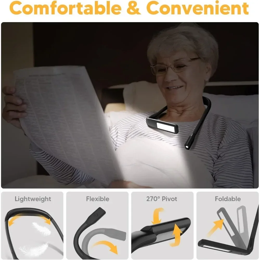 Hals-Leselampe, Leselampen für Bücher Ich bin Bett, wiederaufladbar, 2000 mAh, 10–80 Stunden, augenfreundliche breite Lampe, Buchlicht