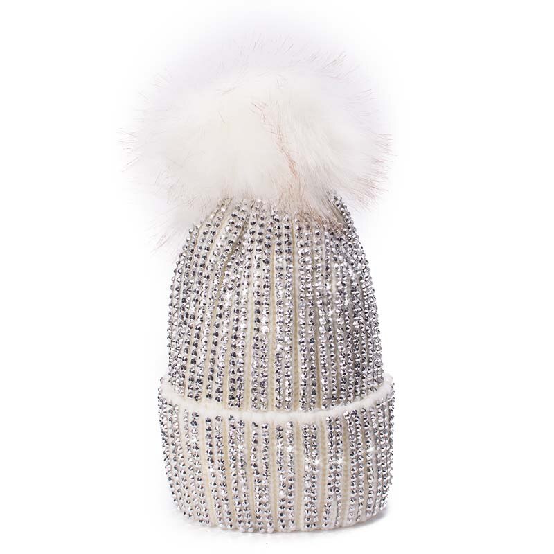 Lawliet Winter Hats Faux Fur Pom Pom Rhinestone Bling Style Women Beanies Warm Knitted Hat Ladies Skull Cap A469: White