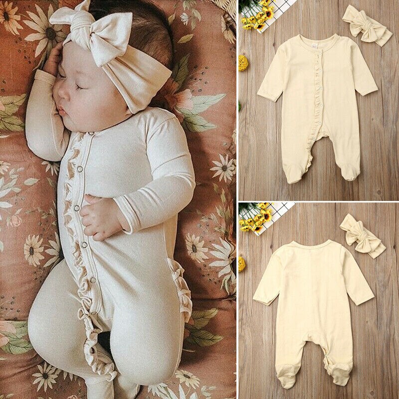 0-12M newborn baby boy girl Footies jumpsuit long sleeve cotton comfortable ruffled solid infant clothes